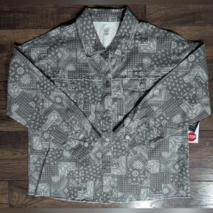 EASEL Mineral Washed Loose Fit Snap Front Lux Denim Jacket Gray w/ White Paisley